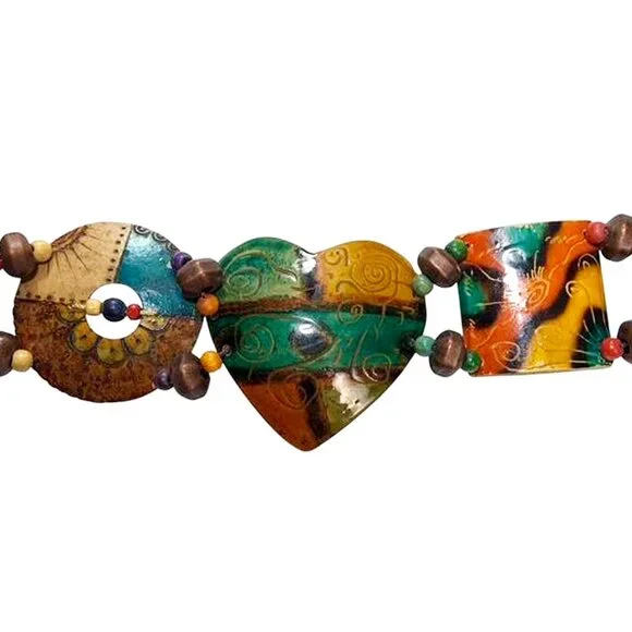 HANDPAINTED Leather, Coconut, Wood and Beaded Tie Belt display picture 3